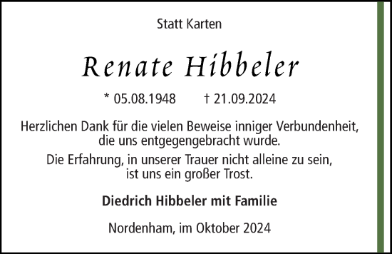 Traueranzeige von Renate Hibbeler von Nordwest-Zeitung