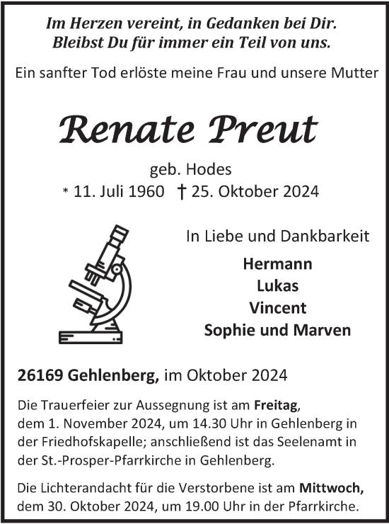 Traueranzeige von Renate Preut von Nordwest-Zeitung