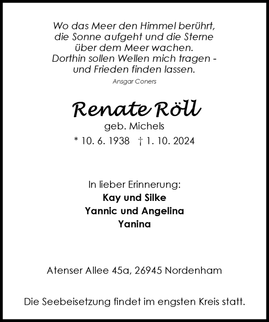 Traueranzeige von Renate Röll von Nordwest-Zeitung