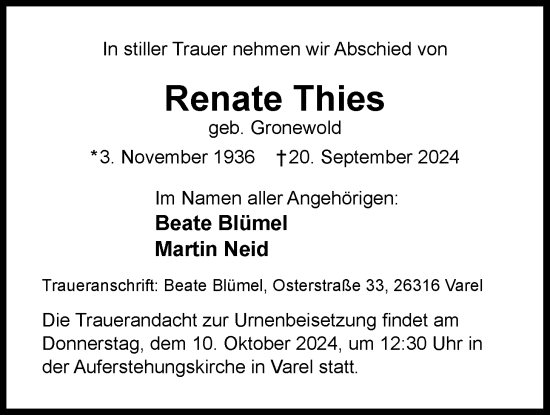 Traueranzeige von Renate Thies von Nordwest-Zeitung