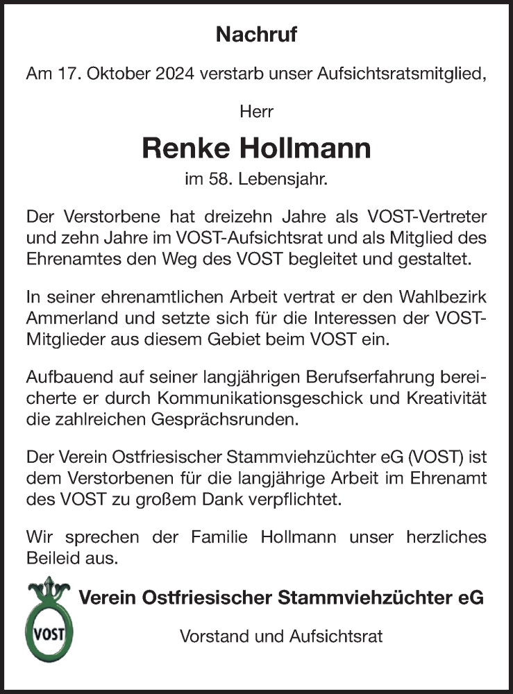  Traueranzeige für Renke Hollmann vom 26.10.2024 aus Nordwest-Zeitung