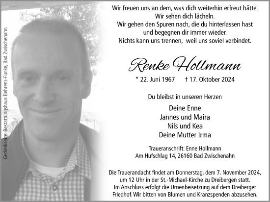 Traueranzeige von Renke Hollmann von Nordwest-Zeitung