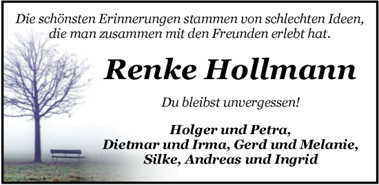 Traueranzeige von Renke Hollmann von Nordwest-Zeitung