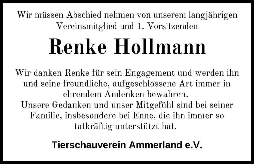  Traueranzeige für Renke Hollmann vom 26.10.2024 aus Nordwest-Zeitung