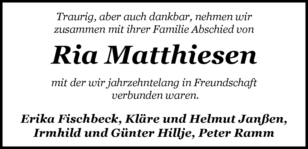  Traueranzeige für Ria Matthiesen vom 15.10.2024 aus Nordwest-Zeitung