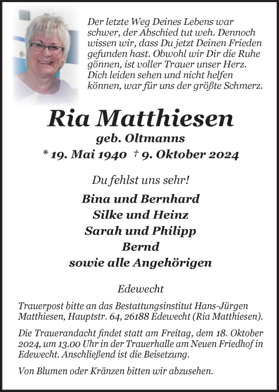 Traueranzeige von Ria Matthiesen von Nordwest-Zeitung