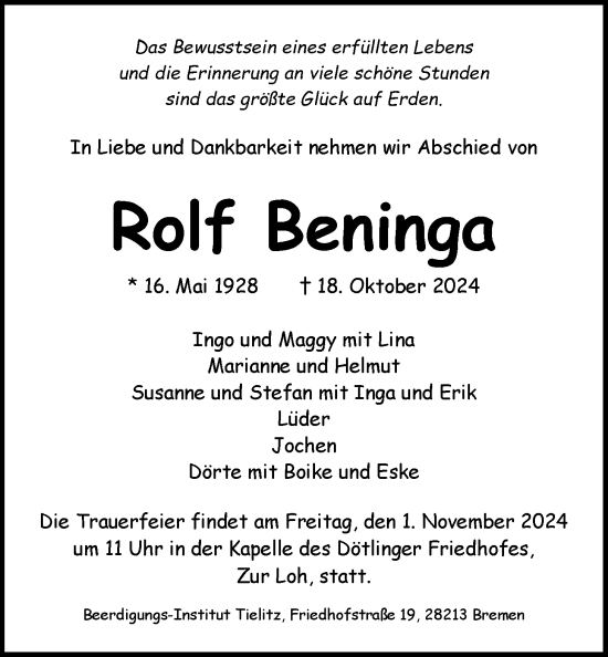 Traueranzeige von Rolf Beninga von Nordwest-Zeitung