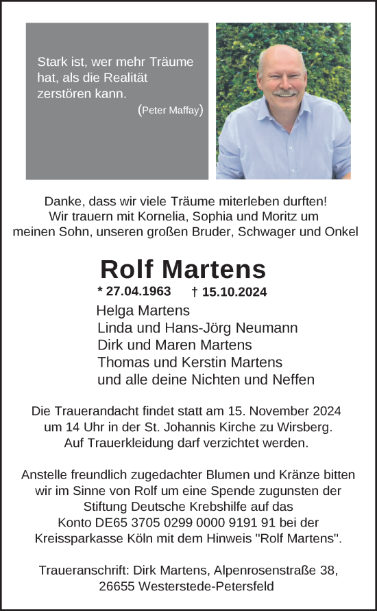 Traueranzeige von Rolf Martens von Nordwest-Zeitung