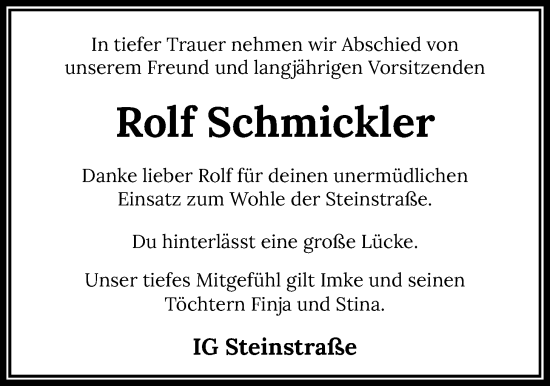 Traueranzeige von Rolf Schmickler von WZ/JW/AH