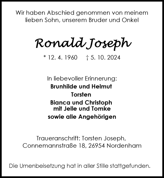 Traueranzeige von Ronald Joseph von Nordwest-Zeitung