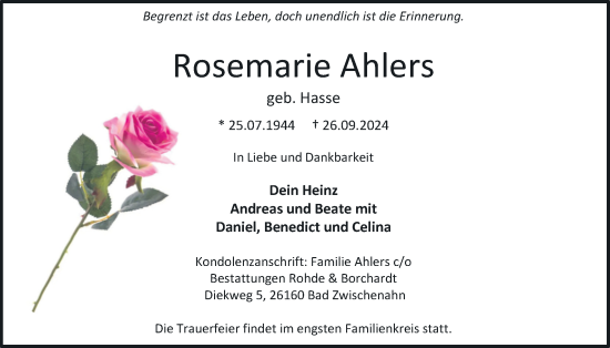 Traueranzeige von Rosemarie Ahlers von Nordwest-Zeitung