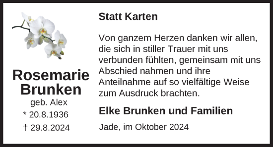 Traueranzeige von Rosemarie Brunken von Nordwest-Zeitung