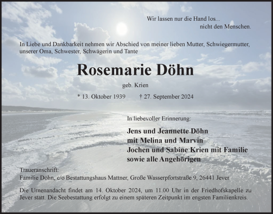 Traueranzeige von Rosemarie Döhn von WZ/JW/AH