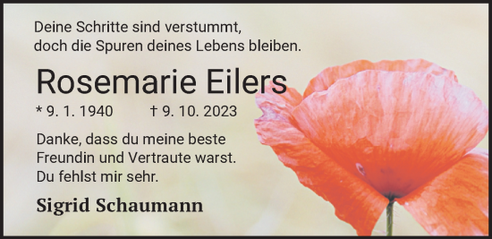 Traueranzeige von Rosemarie Eilers von Nordwest-Zeitung