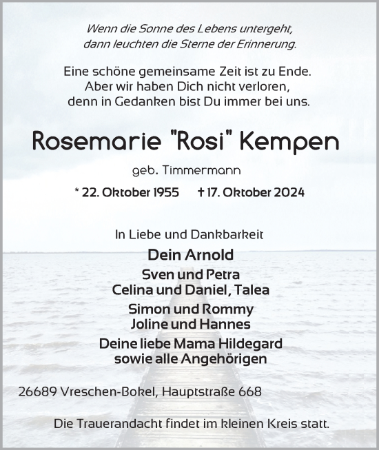 Traueranzeige von Rosemarie Rosi Kempen von Nordwest-Zeitung