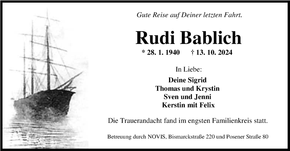  Traueranzeige für Rudi Bablich vom 19.10.2024 aus WZ/JW/AH