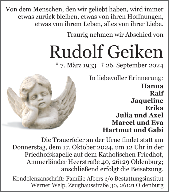 Traueranzeige von Rudolf Geiken von Nordwest-Zeitung