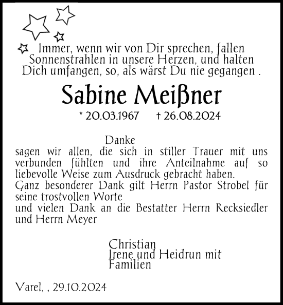 Traueranzeige von Sabine Meißner von Nordwest-Zeitung