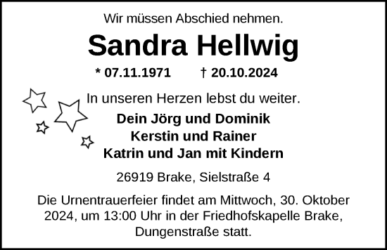 Traueranzeige von Sandra Hellwig von Nordwest-Zeitung