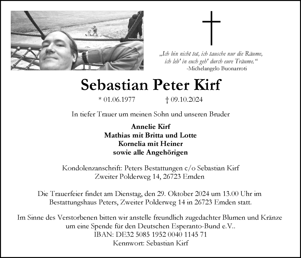  Traueranzeige für Sebastian Peter Kirf vom 24.10.2024 aus Emder Zeitung