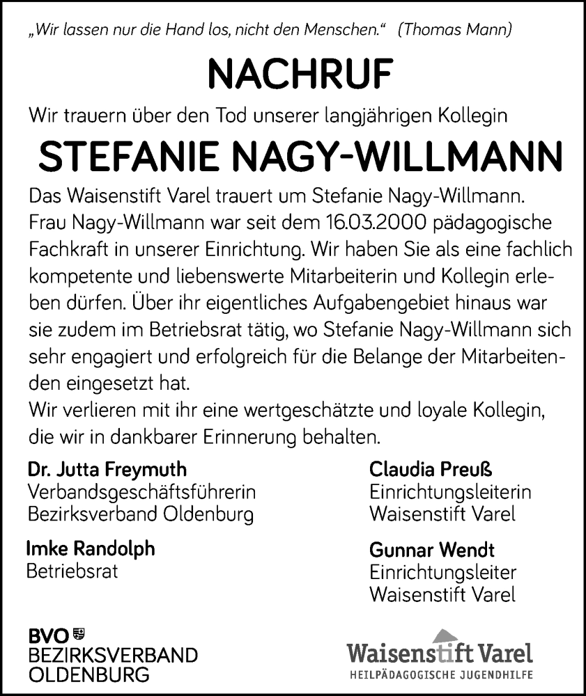  Traueranzeige für Stefanie Nagy-Willmann vom 08.10.2024 aus WZ/JW/AH