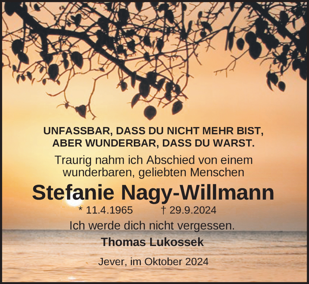  Traueranzeige für Stefanie Nagy-Willmann vom 05.10.2024 aus WZ/JW/AH