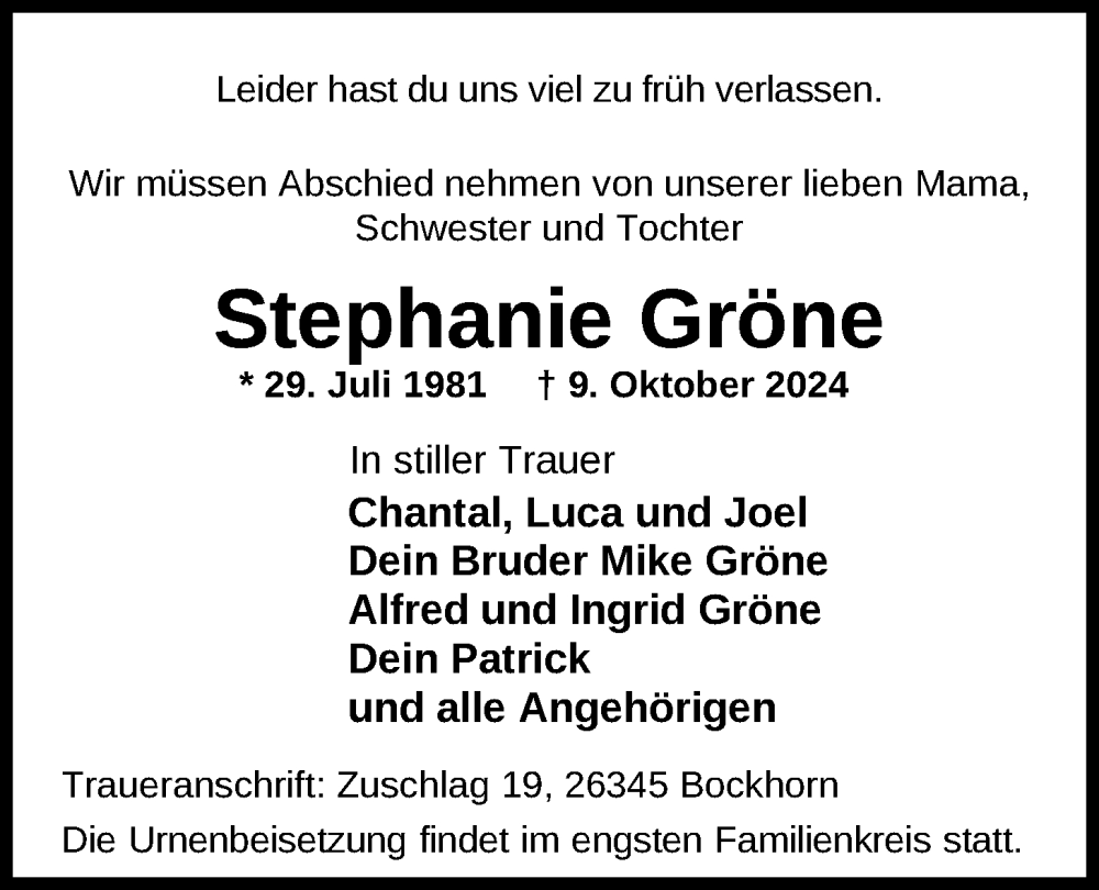  Traueranzeige für Stephanie Gröne vom 18.10.2024 aus Nordwest-Zeitung