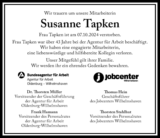 Traueranzeige von Susanne Tapken von WZ/JW/AH