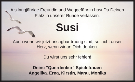 Traueranzeige von Susanne Tapken von WZ/JW/AH