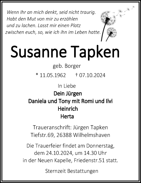Traueranzeige von Susanne Tapken von WZ/JW/AH