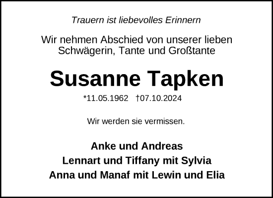 Traueranzeige von Susanne Tapken von WZ/JW/AH