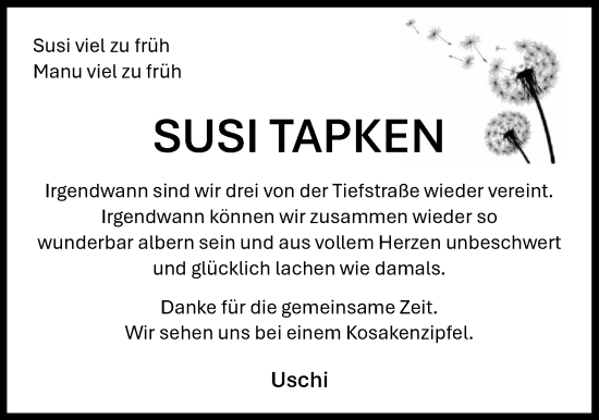 Traueranzeige von Susanne Tapken von WZ/JW/AH