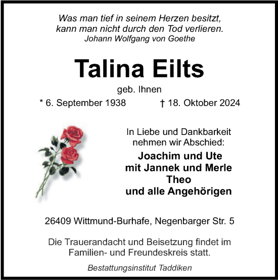 Traueranzeige von Talina Eilts von WZ/JW/AH