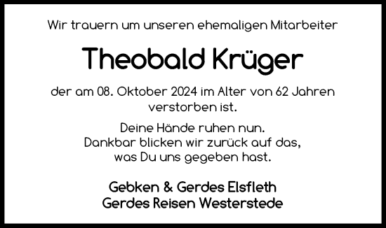 Traueranzeige von Theobald Krüger von Nordwest-Zeitung