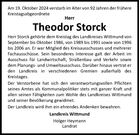 Traueranzeige von Theodor Storck von WZ/JW/AH