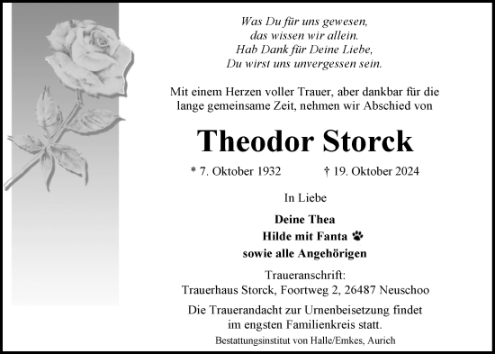 Traueranzeige von Theodor Storck von WZ/JW/AH