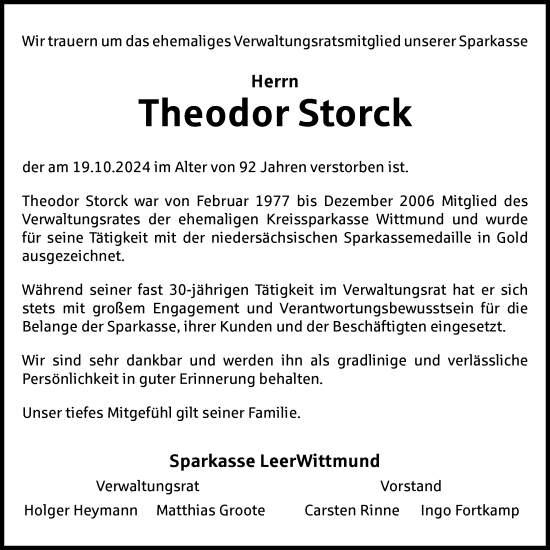 Traueranzeige von Theodor Storck von WZ/JW/AH