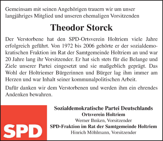 Traueranzeige von Theodor Storck von WZ/JW/AH