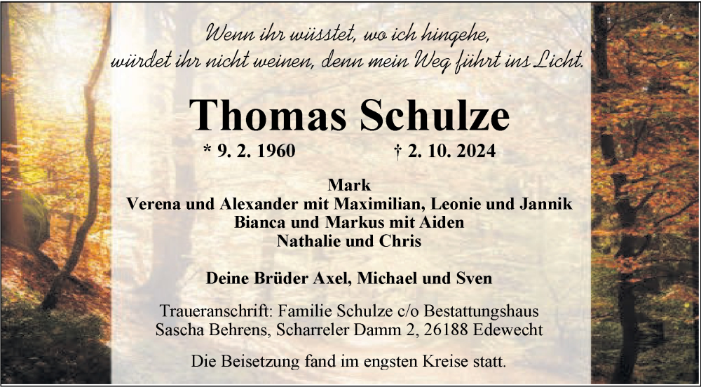  Traueranzeige für Thomas Schulze vom 26.10.2024 aus Nordwest-Zeitung