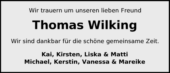 Traueranzeige von Thomas Wilking von Nordwest-Zeitung