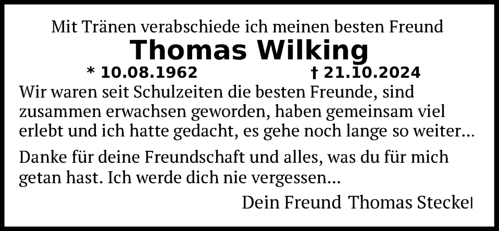  Traueranzeige für Thomas Wilking vom 26.10.2024 aus Nordwest-Zeitung