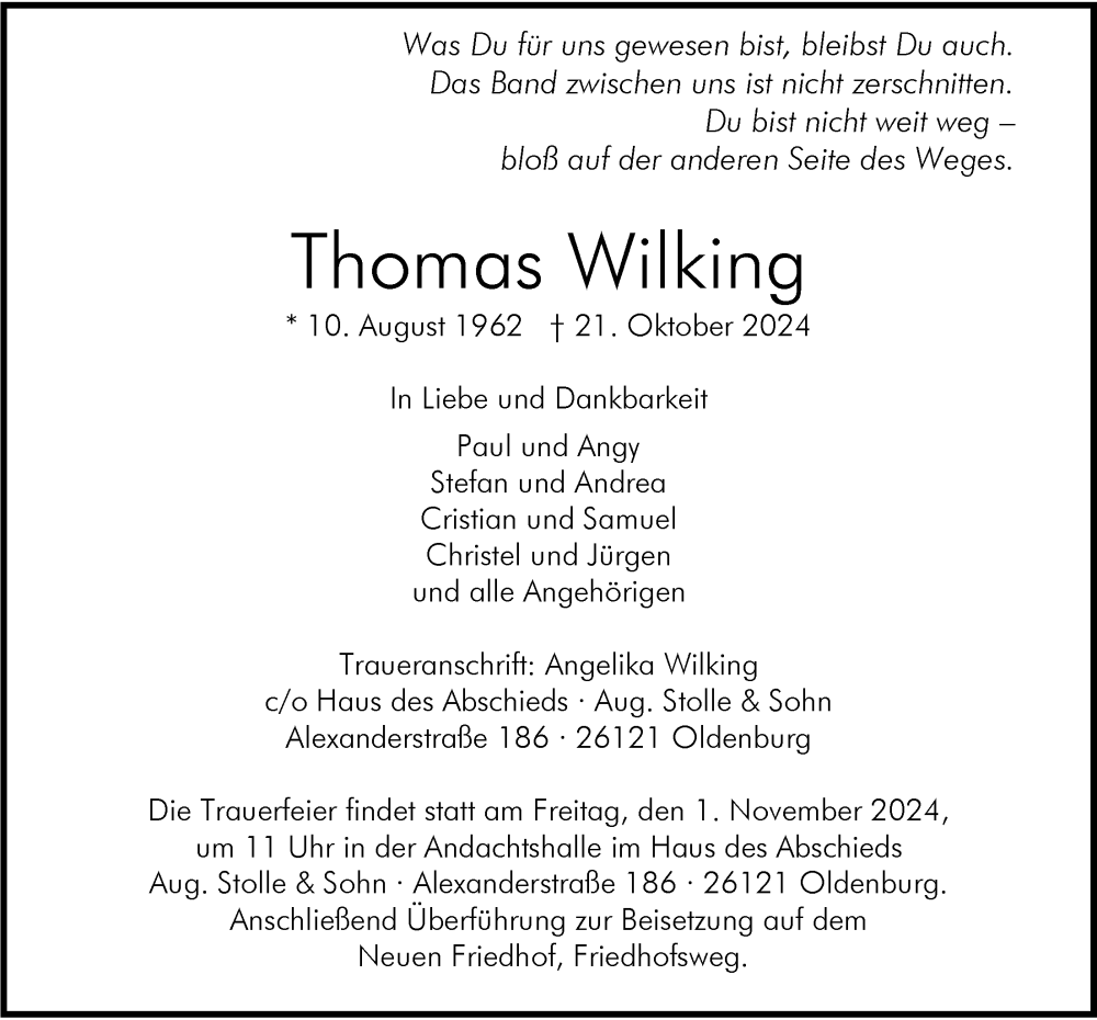  Traueranzeige für Thomas Wilking vom 26.10.2024 aus Nordwest-Zeitung