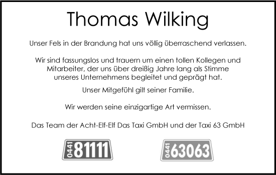 Traueranzeige von Thomas Wilking von Nordwest-Zeitung