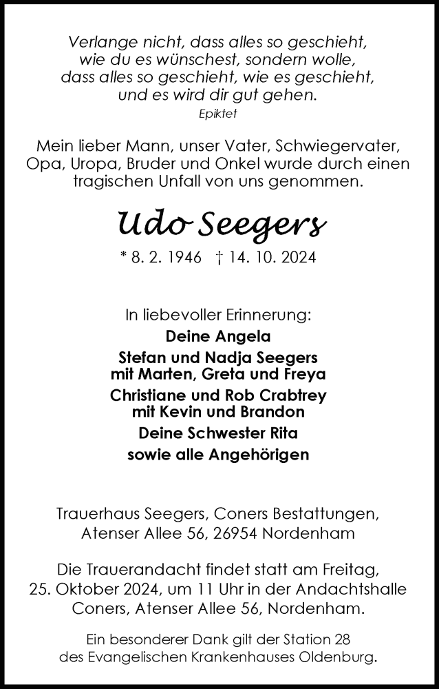  Traueranzeige für Udo Seegers vom 19.10.2024 aus Nordwest-Zeitung
