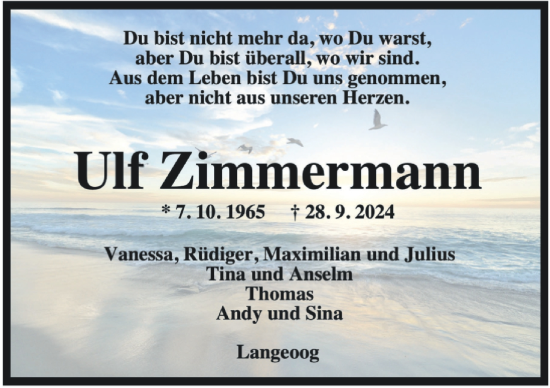 Traueranzeige von Ulf Zimmermann von WZ/JW/AH
