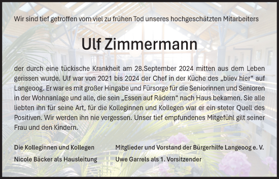 Traueranzeige von Ulf Zimmermann von WZ/JW/AH