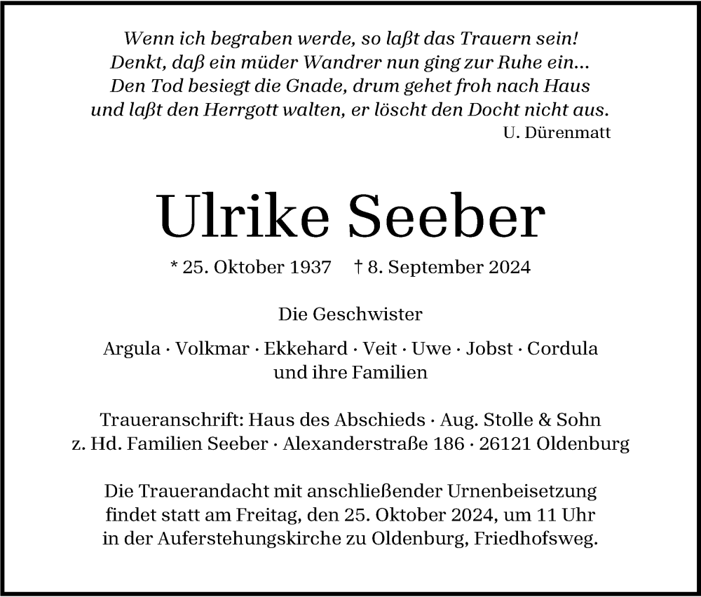 Traueranzeige für Ulrike Seeber vom 19.10.2024 aus Nordwest-Zeitung