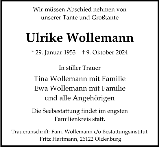 Traueranzeige von Ulrike Wollemann von Nordwest-Zeitung