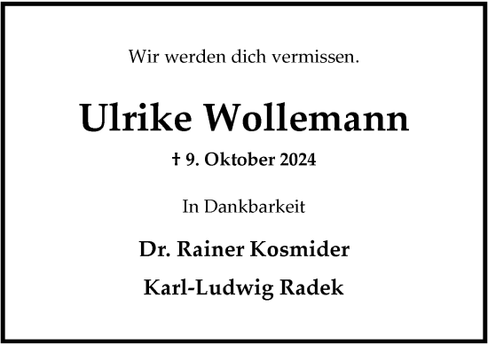 Traueranzeige von Ulrike Wollemann von Nordwest-Zeitung