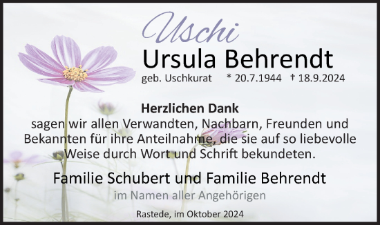 Traueranzeige von Ursula Behrendt von Nordwest-Zeitung